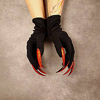 Чорні короткі рукавички з накладними нігтями в блискітках (Червоні нігті)