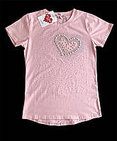 Детская подростковая нарядная футболка удлинённая со стразами для девочки размер 158-164 см хлопок Setty Koop