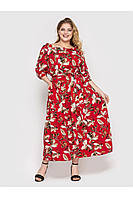 Женское красное цветочное длинное платье с рукавом 3/4 из хлопка больших размеров