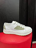 Кросівки жіночі білі шкіряні зелені вставки весна осінь кеди, фото 6
