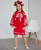 Красное вышитое платье из льна для девочек вышиванка с белой вышивкой гладью размеры 116-152