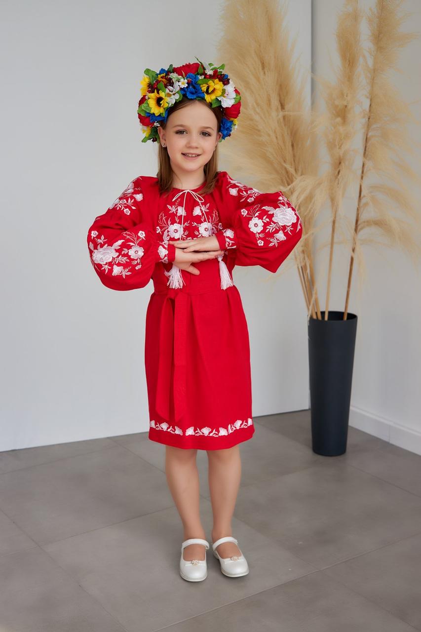 Красное вышитое платье из льна для девочек вышиванка с белой вышивкой гладью размеры 116-152 - фото 5 - id-p2184075778