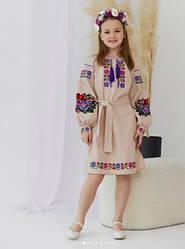 Вишита сукня з льону для дівчаток персикового кольору з яскравою вишивкою хрестиком розміри  134.