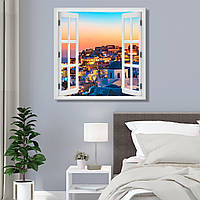 Вигляд з вікна Картина Санторині Греція Захід сонця Картина Греція Вікно з пейзажем Матеріал полотно Вигляд місто 80х80 см