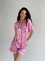 Сатиновый комплект пижама рубашка шорты Victoria's Secret Satin Short PJ Set розовая в полоска GSM