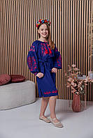 Детское платье из льна для девочек синего цвета с красной вышивкой гладью размеры 116-152
