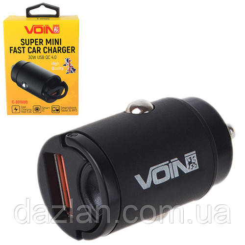 Автомобільний зарядний пристрій VOIN 30 W, 1 USB QC4.0 12/24 V (4.5V*5A, 5V*4.5A, 9V*3A,12V*2.5A) (C-30160Q)