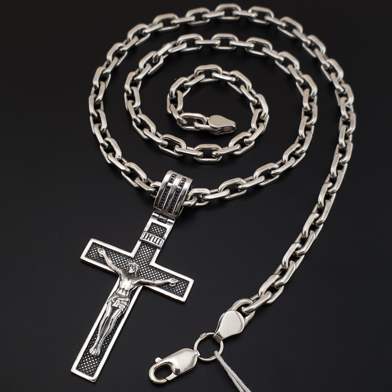 Товста срібна цепочка чоловіча з хрестиком. Якірний ланцюг і освячений кулон хрест срібло 925. Довжина 55 см
