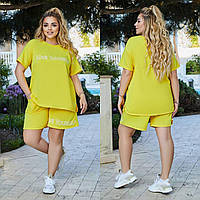 Летний женский спортивный костюм с шортами лимонный большого размера ЛБ/-98