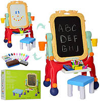 Детский игрушечный двухстороний мольберт со стульчиков разноцветный в наборе с мелком маркерами и губкой RTB