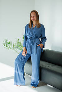 Жіноча блакитна піжама з атласу, стильна піжама, шовковий комплект залат та штани