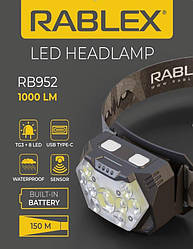 Ліхтар налобний Rablex RB952, червоний + білий, 3*TG+8*LED+2*RED LED, Sensor, акум, Type-C