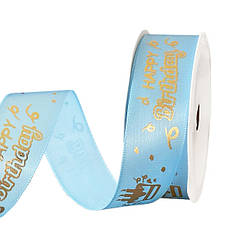 Атласна стрічка "Happy Birthday", 2,5 см х 3 м., колір - блакитний