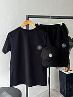 Летний прогулочный костюм мужской,Комплект 3в1 Футболка шорты кепка STONE черный Летний мужской темный костюм