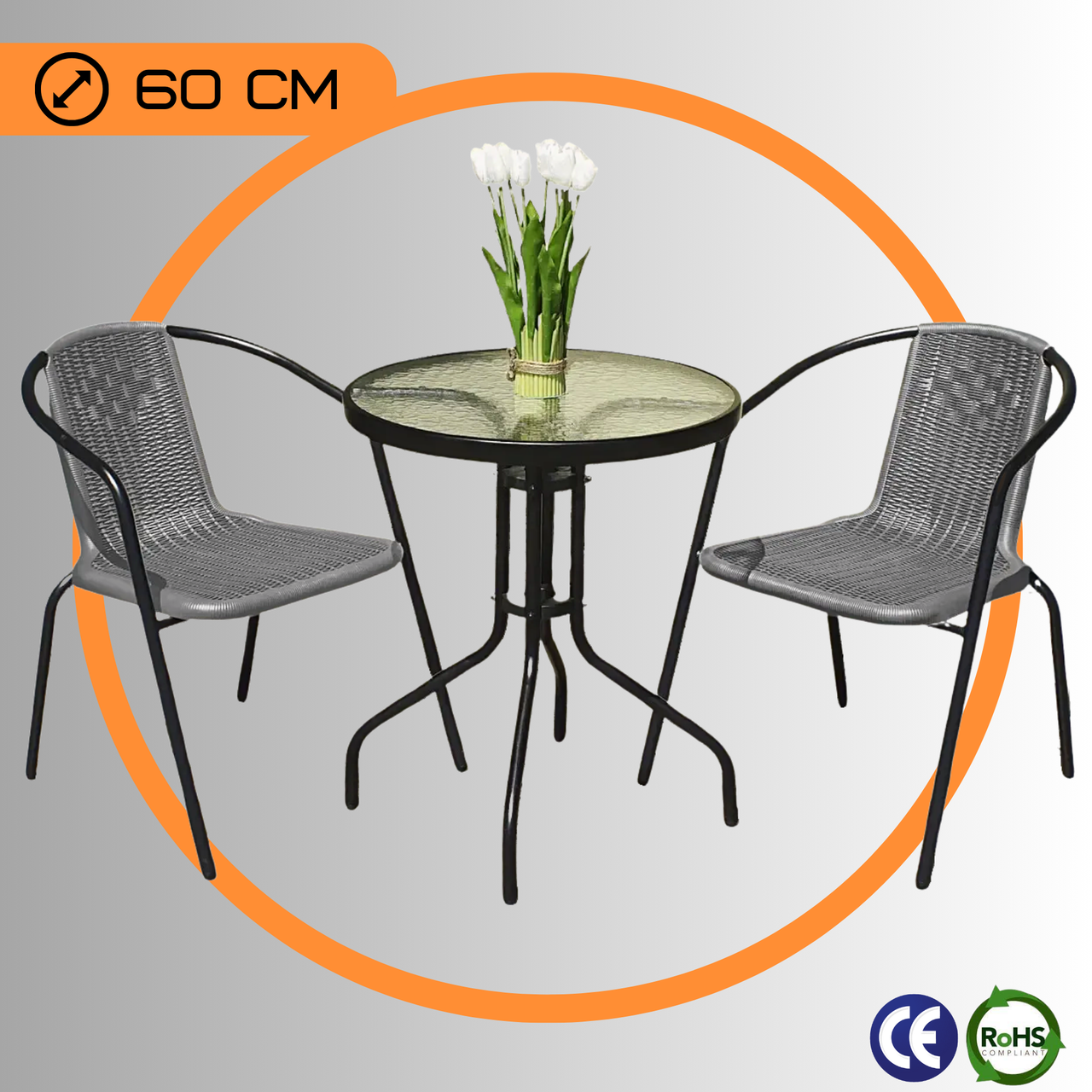 Комплект Садових Меблів Круглий Стіл + 2 Стільці 4Points Bari - 2 Набір Садових Меблів зі Штучного Ротангу Сірий Польща