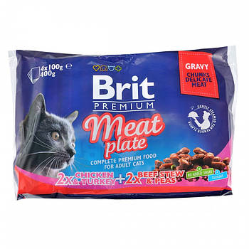 Набір кормів для котів асорті з 2 смаків "М'ясна тарілка" Brit Premium Cat Meat Plate pouches 400 г