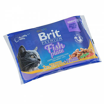 Вологий корм для котів асорті з 2 смаків «Рибна тарілка» Brit Premium Cat Fish Plate pouches 4 шт* 100 г