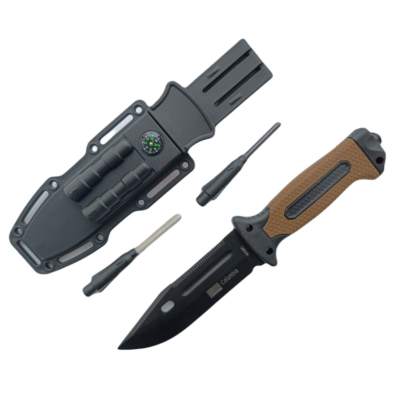 Тактичний мисливський ніж Columbia 4038C 27см з огнивом, компасом і точилкою Brown (7_00098)