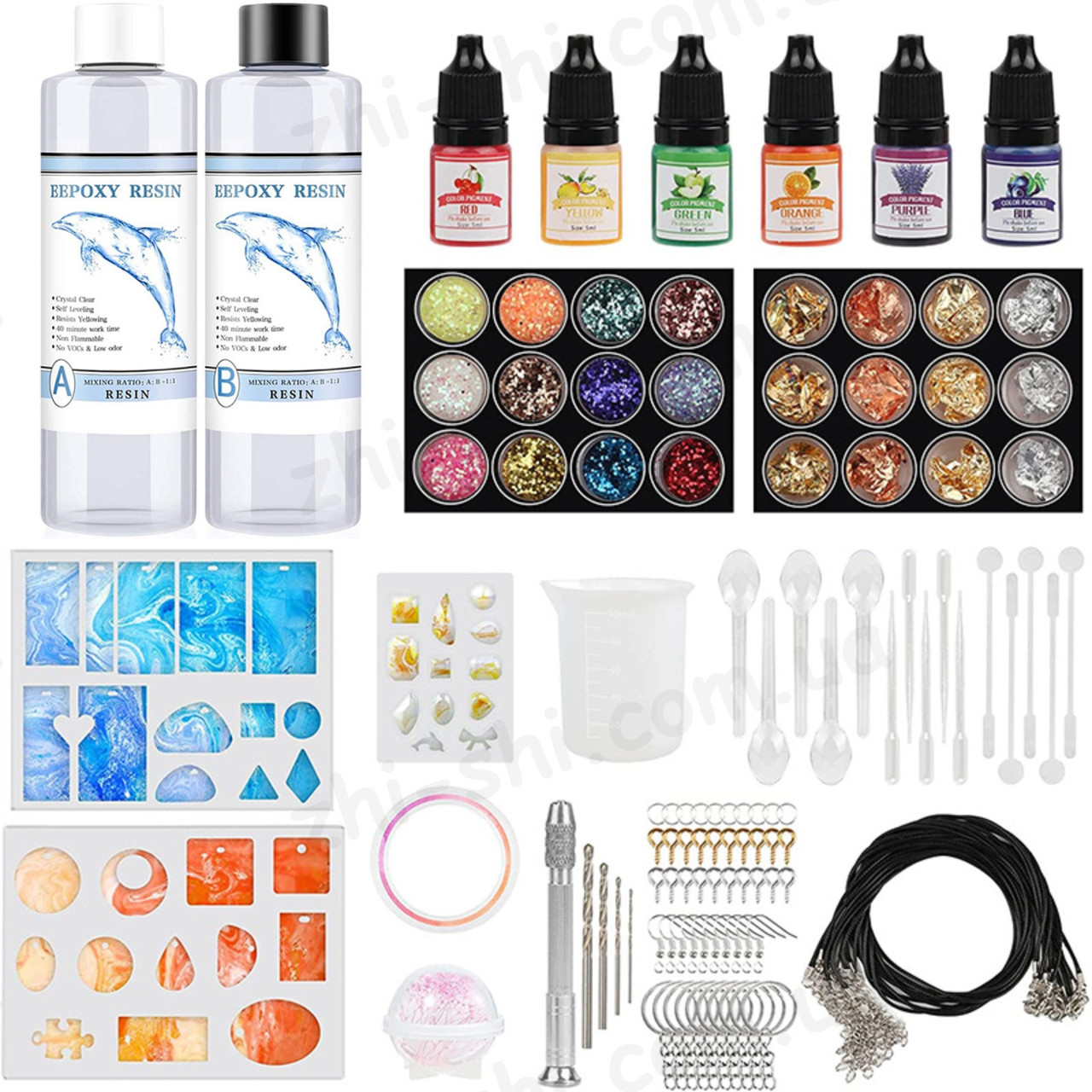 Великий набір - 245 предметів - для виготовлення прикрас та біжутерії з епоксидної смоли, фото 1