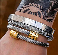 Браслет на руку унісекс з тканини та нержавіючої сталі сріблястий , браслет в римському стилі з цифрами 3 штуки