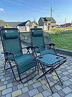 Набір шезлонгів зі столиком 2+1, Розкладне крісло садове лежак шезлонг темно-зелений