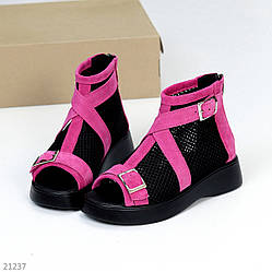 Трендові яскраві рожеві комбіновані чорні літні черевики натуральна шкіра + сітка