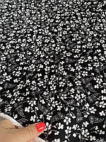 Штапель принт белые цветы на черном фоне