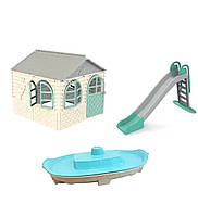 АКЦІЯ НАБІР Дитячий середній пластиковий будиночок зі шторками, велика пластикова гірка та пісочниця Doloni