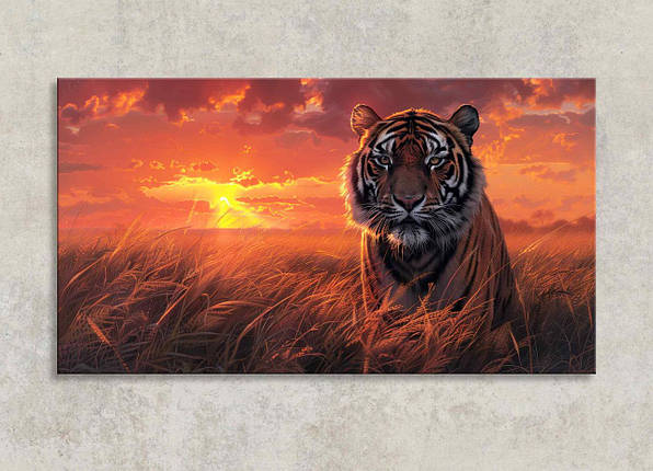 Картина Портрет Тигра в Полі на тлі Захід сонця Яскравий Декор на Стіну Дика Природа Велика Тварина VE, фото 1