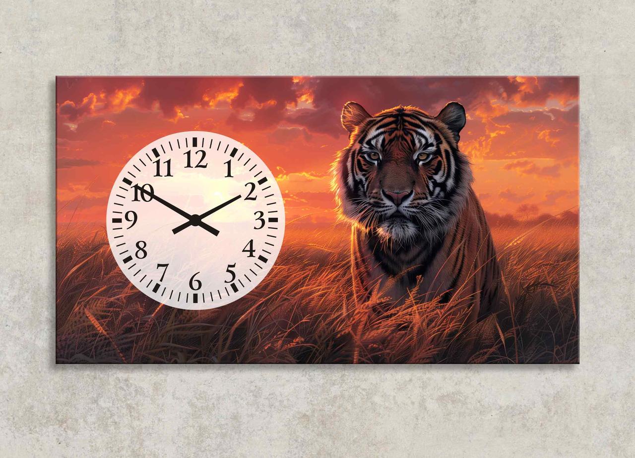 Картина з Годинником Портрет Тигра на заході сонця Велике Екзотичне Тварина Яскравий Декор Тигр Саванна VE