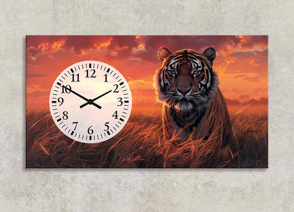 Картина з Годинником Портрет Тигра на заході сонця Велике Екзотичне Тварина Яскравий Декор Тигр Саванна VE, фото 1