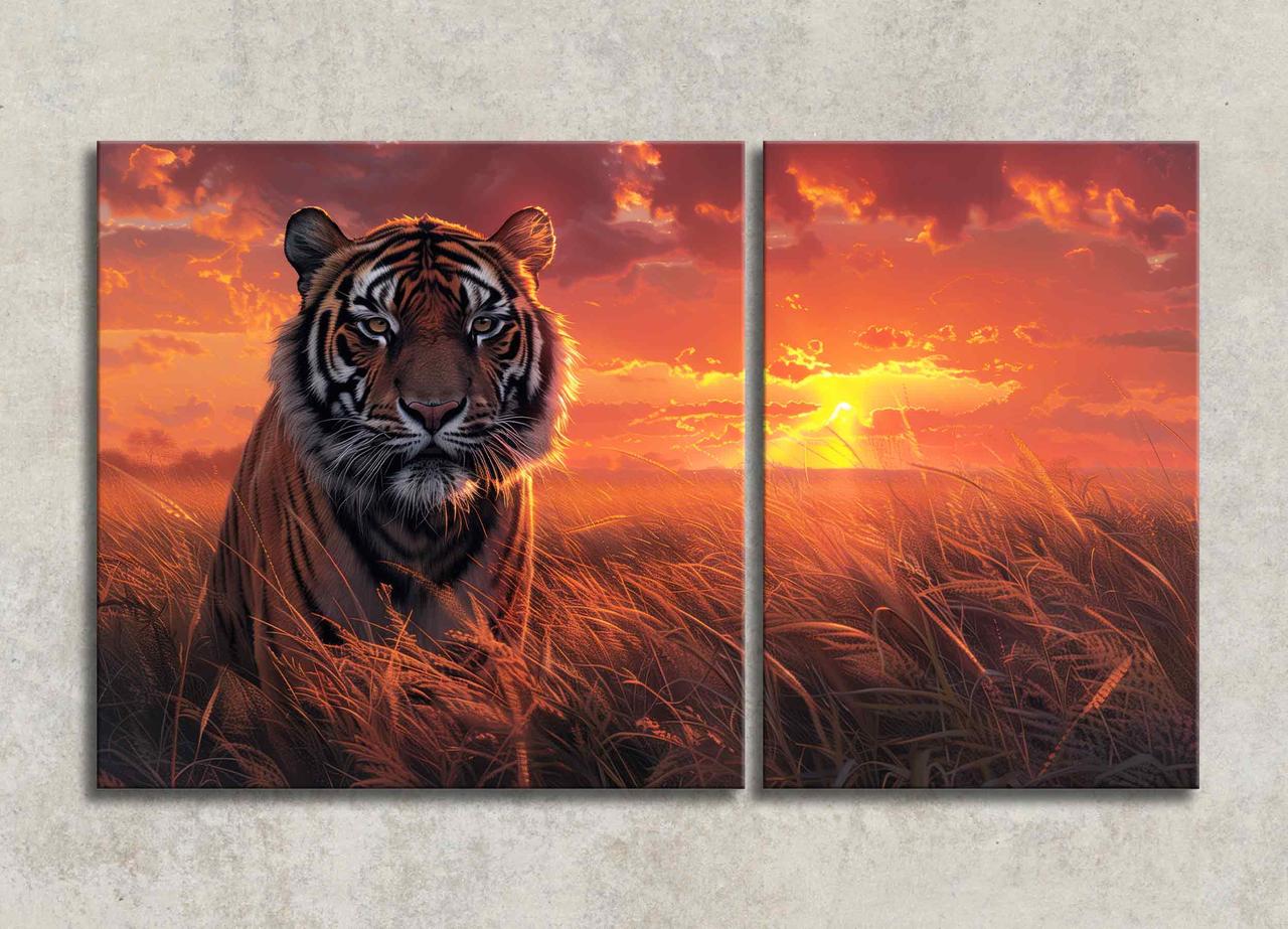 Картина Великий Тигр на заході сонця з двох частин Звір Настінний Декор на Стіну з Тигром Саванна Екзотика