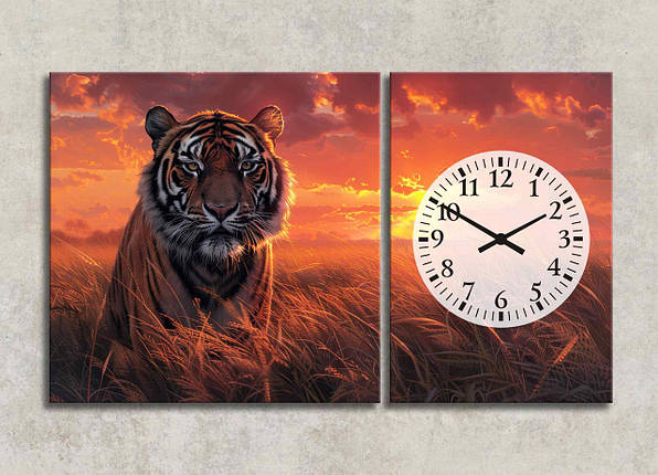Модульна Картина з Годинником Портрет Тигра на заході сонця Яскравий Настінний Декор з Тигром Саванна Екзотика VE, фото 1
