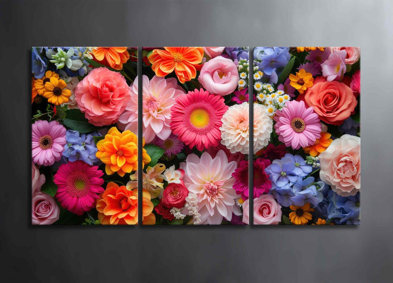Картина з 3 частин Модульна з квітами Букет квітів Яскрава Декорація на Стіну Квіти Стильний Декор на Подарунок
