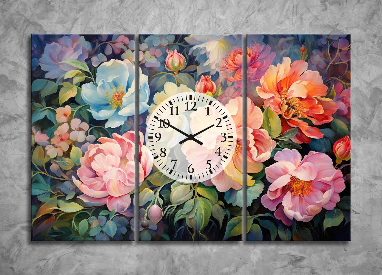 Модульна Картина з Великими Яскравими Квітами Картина з Годинниками Декор на Стіну з 3 частин Півонії Квітковий Принт