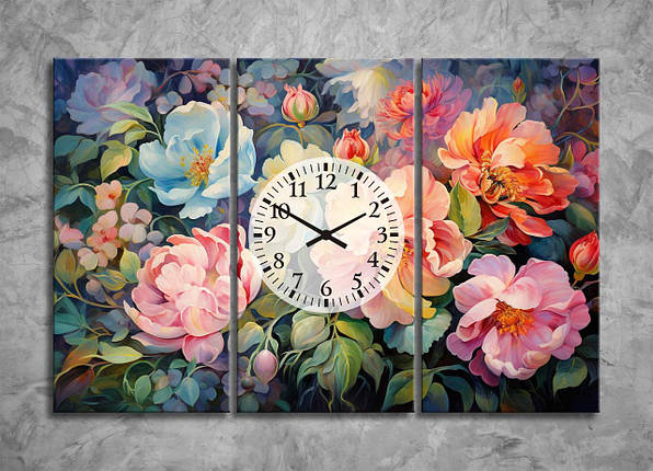 Модульна Картина з Великими Яскравими Квітами Картина з Годинниками Декор на Стіну з 3 частин Півонії Квітковий Принт, фото 1