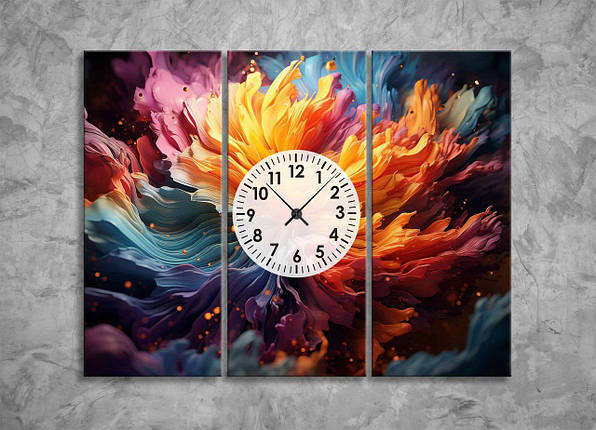 Модульна Картина з Годинниками Абстракція Вибух Фарб Яскравий Декор на Стіну Акварельна Картина з Абстракцією VE, фото 1
