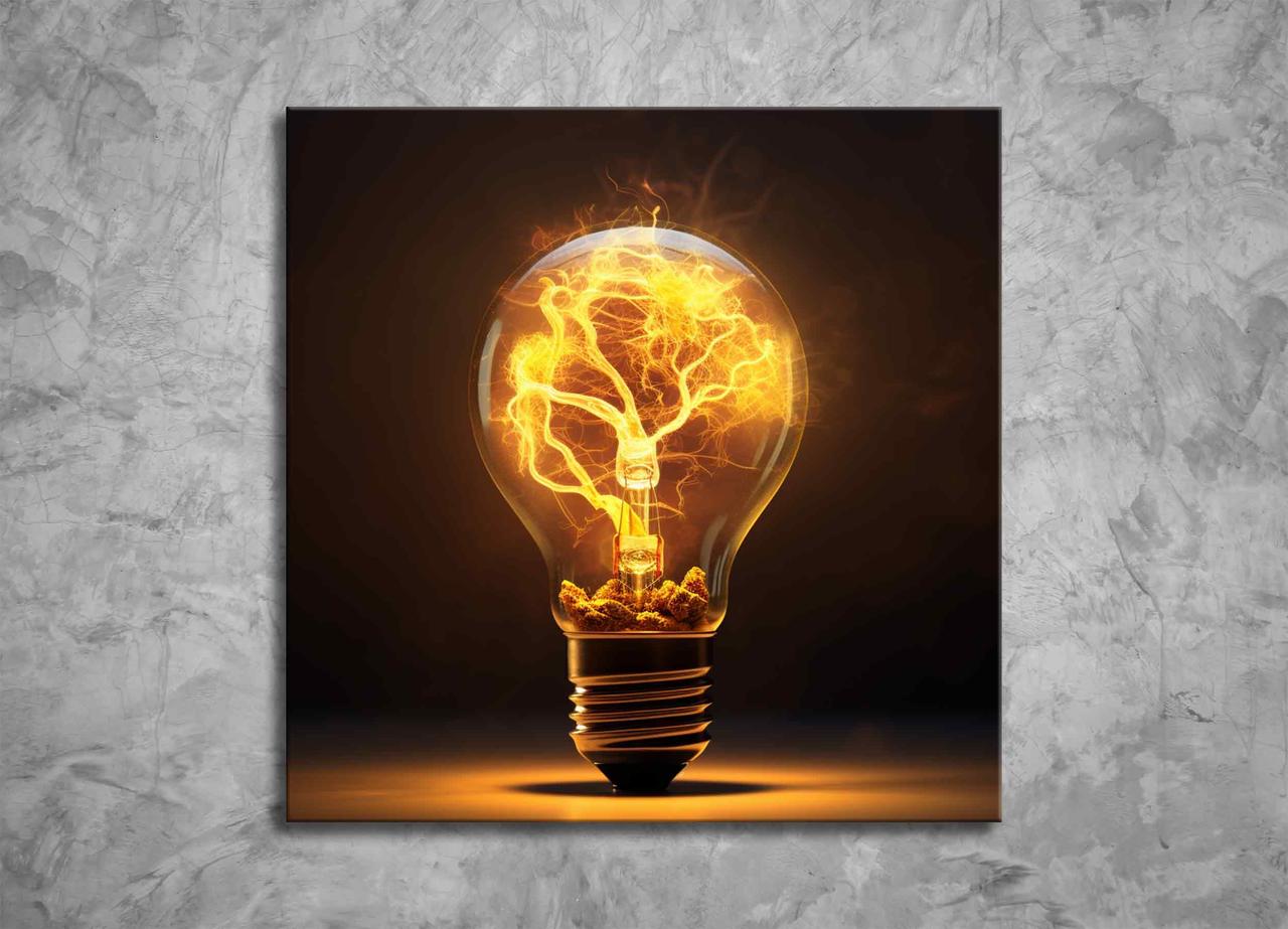 Картина Вінтажна Лампочка, що горить Лампочка з полум'ям, що світиться Всередині Фізика Яскравий Декор на Стіну VE