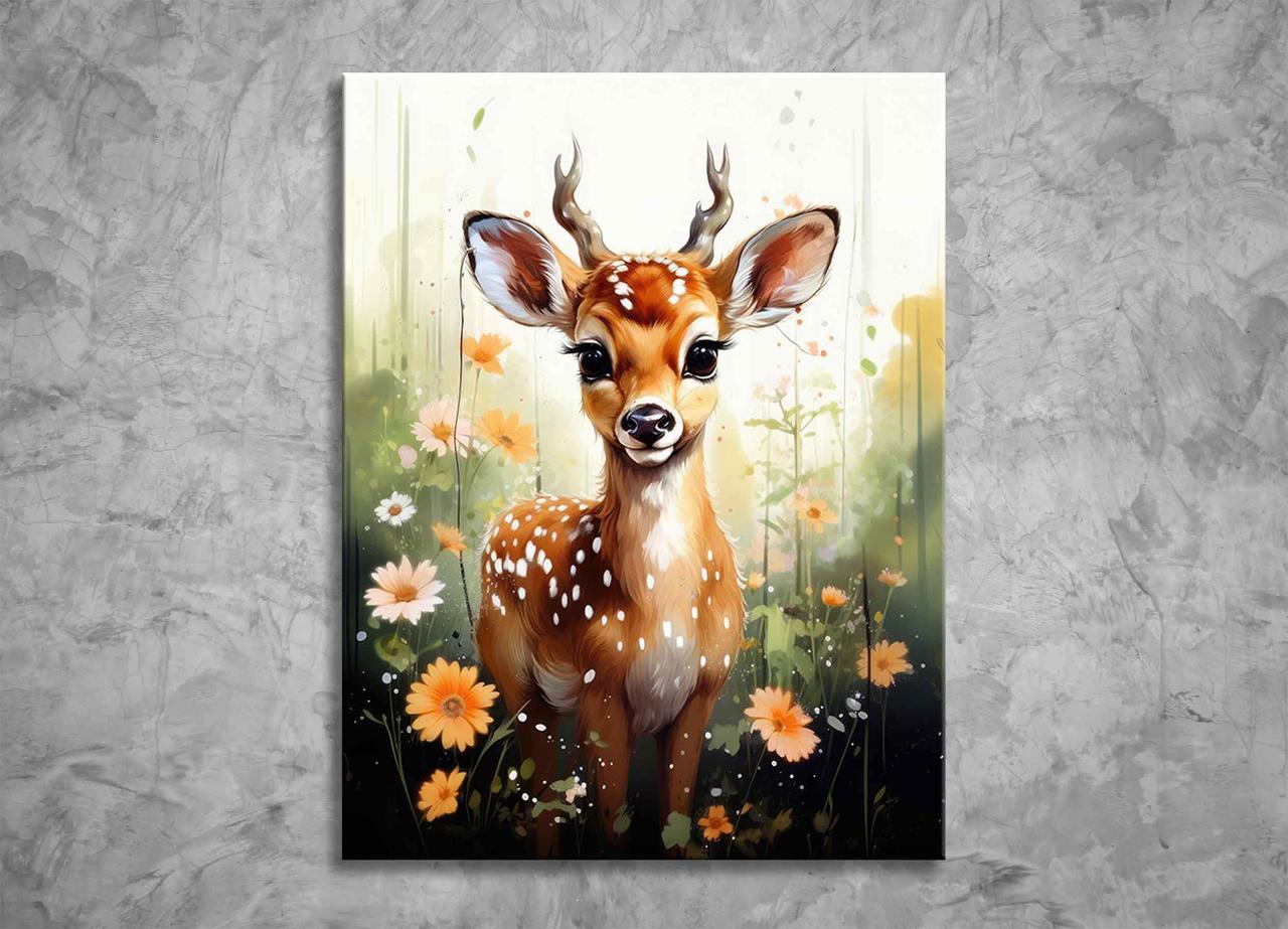 Картина Оленя з Квітами Милий Тваринка в дитячу Кімнату Лань Бембі Квіткове Поле Милий Декор на Стіну VE