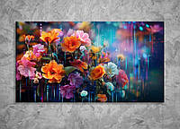 Картина Разноцветная Цветочная живопись Иллюстрация Цветочного Букета Яркий Декор на Стену с Цветами 90x50