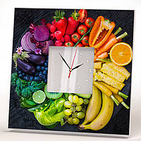 Часы "Разноцветные овощи и фрукты" декор интерьера для кухни, кафе, бара, ресторана, подарок маме, жене
