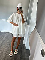 Женский удобный модный летний Костюм футболка + шорты оверсайз свободный из качественных материалов двухнитка Белый, 42/46