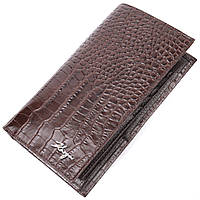 Надежный вертикальный бумажник из натуральной кожи с тиснением под крокодила KARYA 21140 Коричневый sh