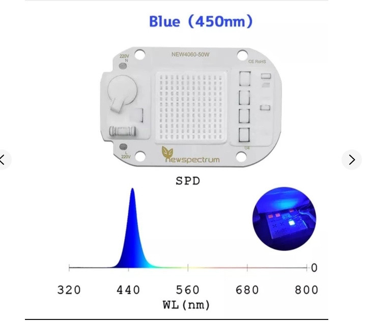 Світлодіод з вбудованим драйвером NewSpectrum LED COB CHIP 50Вт 220В світлодіодна матриця синій спектр 450 nm - фото 1 - id-p2184521480