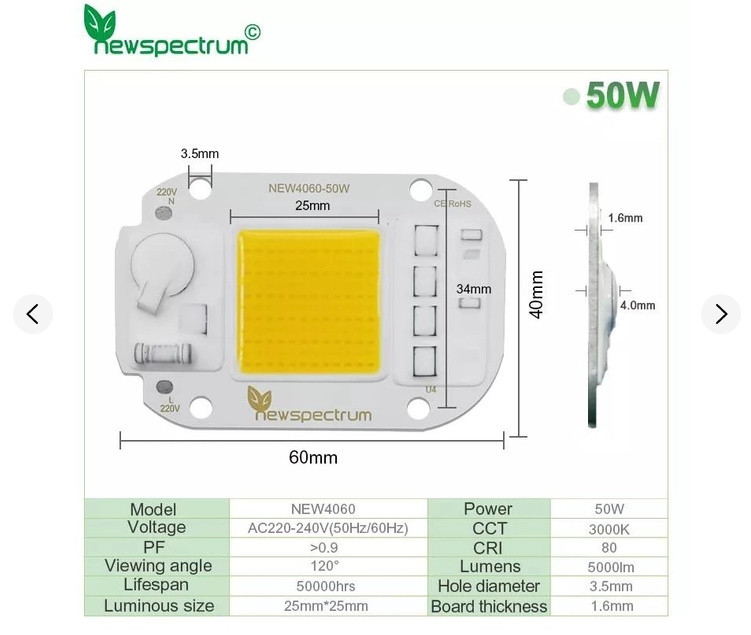 Світлодіод з вбудованим драйвером NewSpectrum LED COB CHIP 50Вт 220В світлодіодна матриця синій спектр 450 nm - фото 4 - id-p2184521480