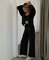 Велюровый женский оверсайз костюм тройка штаны палаццо топ и зип-кофта Черный