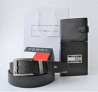 Мужской подарочный набор Tommy Hilfiger ремень и кошелек черные
