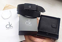Мужской кожаный подарочный набор Calvin Klein ремень и кошелек черный