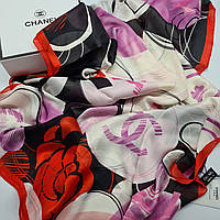 Палантин, шарф, парео, платок Chanel шелковый с белый, красный, черный, фиолетовый цветами