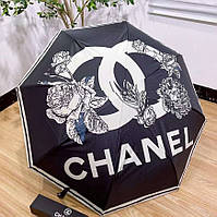 Зонтик Chanel черный с белым лого украшенным фирменным цветочным принтом